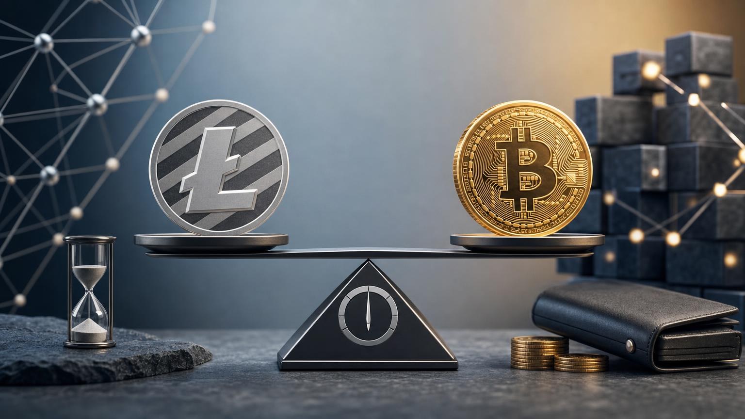Bitcoin and Litecoin coins beside a digital display comparing block confirmations, transaction speed and changing network fees
